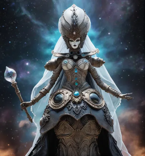 claydollxl. (full body:1.3), perfect anatomy. a woman wearing a large gown costume embedded with gems and crystals with huge headgear and transparent veil, holding a scepter on her hands. menacing eyes, cosmic space background,  <lora:claydollXL:0.8>