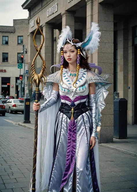 analog film photo lijewelxl. full body of a beautiful woman in dynamic pose with makeup wearing a long dress costume and holding a long staff. detailed eyes, detailed face, retro filter, vintage camera, gloomy, cloudy, plaza background.  <lora:lijewelXL:1>...