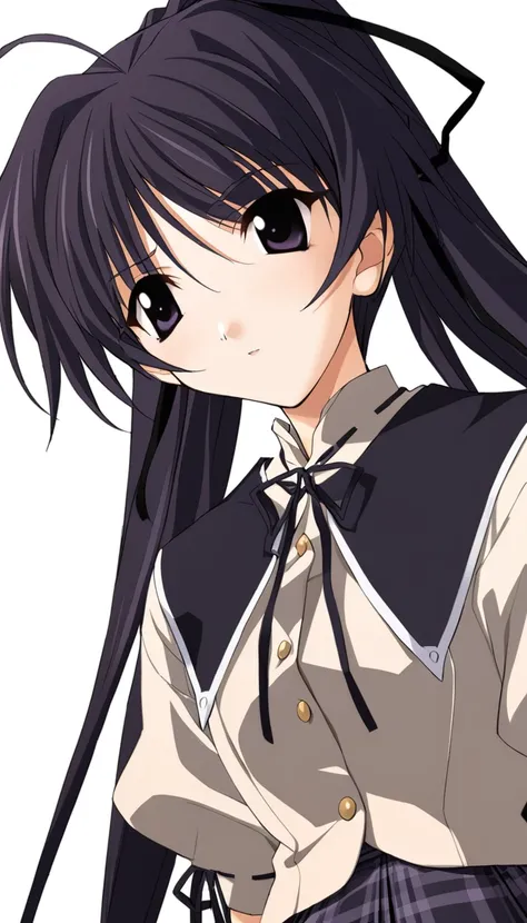 1girl,Suzuna Takano,school uniform,black collar with a white border,black hair ribbon,brown shirt,plaid skirt,black ribbon,triangular button,white background,simple background,masterpiece,solo,best quality,game cg,(depth of field:0.6),(detailed beautiful e...