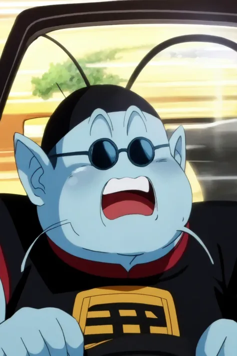 kaiosama,1boy,,solo,(upper body:1.2),light blue skin,antennae,black hat,whiskers,sunglasses,black t-shirt,steering wheel,open mouth, surprised,driving,car interior,(anime screencap:1.2,best quality, masterpiece) <lora:kaio_v1:1>