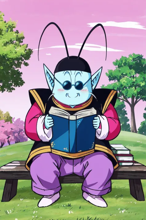 kaio,1boy,kawaii, cute,solo,light blue skin, antennae, whiskers,pointy ears,black tunic, black hat, magenta shirt, white shoes,sunglasses,long sleeves,sitting,bench, reading, book,grass, tree, pink sky,closed mouth, smile,(purple pants),(best quality, mast...