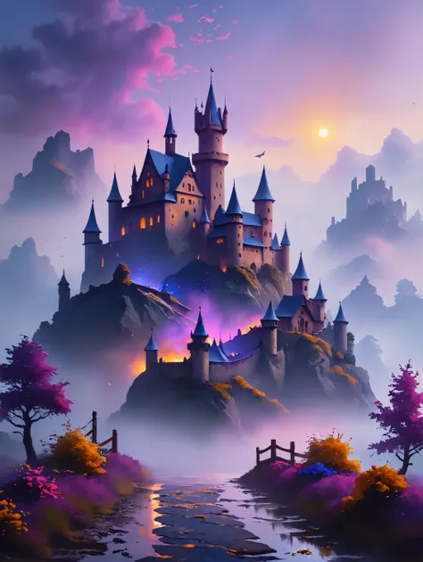 beautiful matte airbrush painting of a of a fantasy landscape with a european medieval castle made of light in the distance enveloped in trails of colorful animal ghosts floating around it, clear painting and good lighting, dark blue and intense purple col...