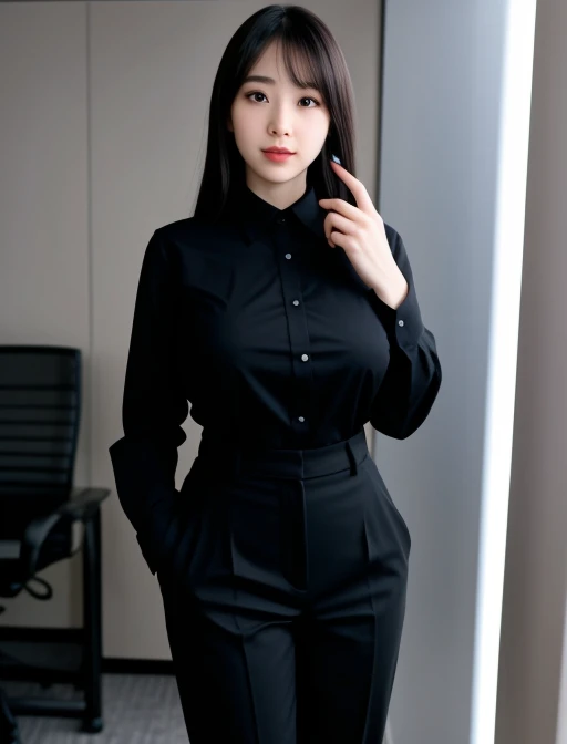 full body shot of business photo of kaho_shibuya,<lora:kaho_shibuya:1>,, pants, black attire, big breasts, collared shirt, tucked shirt. Professional attire, workplace setting, confident. Whole outfit, clear, sharp, balanced