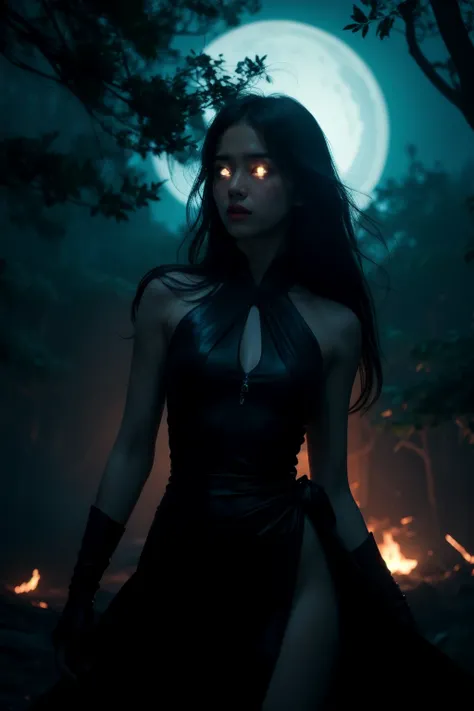 Best quality, masterpiece, ultra high res, (photorealistic), raw photo,The Skeleton young Witch,flying,epoxy_skull,amidst a black swirling vortex in a dark,mystical forest. A beautiful woman with long hair stands,her figure draped in skeletal armor and an ...