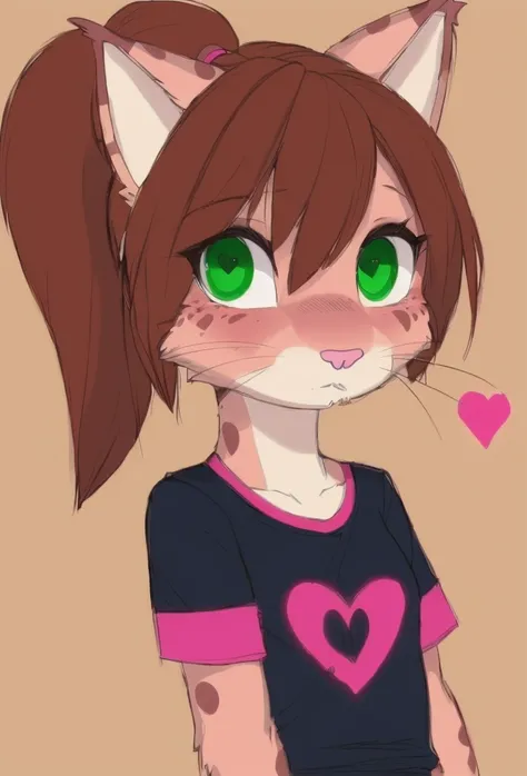 1  girl ,amandasc , Spots on the body ,green eyes ,brown skin , ponytail ,furry , furry female ,solo ,pink cat nose ,brown hair ,fringe , , shirt with engraved heart , , <lora:amandasc:0.8>     , upper body , portrait ,black shirt