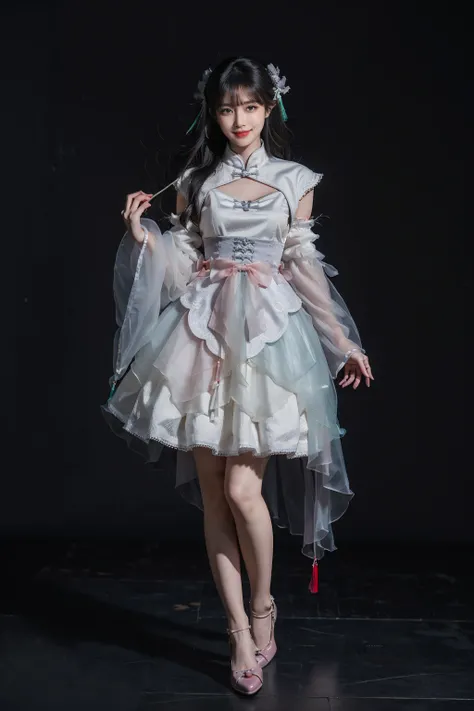 best quality, masterpiece, realistic, photorealistic, 1girl, solo, looking at viewer, smile, long black hair, bangs, standing, arms at side, full body, cyb dress, chinese clothes, detached collar, clothing cutout, wide sleeves, see-through sleeves, tassel,...