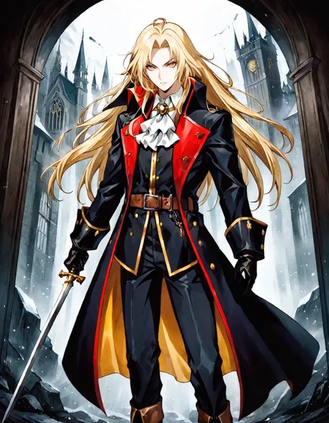 anime artwork photograph sotn, Alucard, 1boy, holding weapon, holding sword, male focus, long hair, blonde hair, white ascot, black gloves, white background, coat, belt, pants, simple background, yellow eyes, cape, jacket, long sleeves, closed mouth, boots...