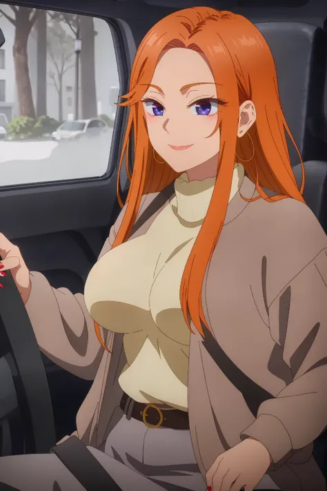 ((best quality)),((highly detailed)),masterpiece,absurdres,detailed face,beautiful face,(detailed eyes, deep eyes),1girl,((dynamic pose)) ,  <lora:MaiV1-000010:0.8>, Mai, purple eyes, car interior, orange hair, long hair, solo, breasts, seatbelt, motor veh...