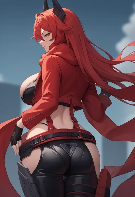 score_9, score_8_up, score_7_up, source_anime BREAK 1girl, solo, <lora:redhood-nikke-richy-v1_pdxl:1> nikkeredhood, red hair, long hair, headgear, yellow eyes, red scarf, crop jacket, red jacket, black shrug (clothing), navel, midriff, zipper, cleavage, la...