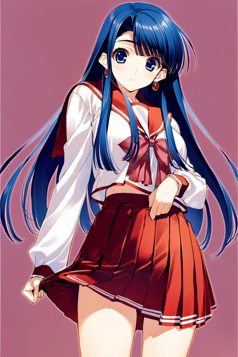 Takeshi Nakamura style,Kusakabe Yuki,1girl,solo,school uniform,skirt,long hair,hime cut,bangs,blue eyes,serafuku,blue hair,long sleeves,pleated skirt,earrings,jewelry,skirt lift,clothes lift,red skirt,simple background,<lora:Leaf_XL:0.8>,