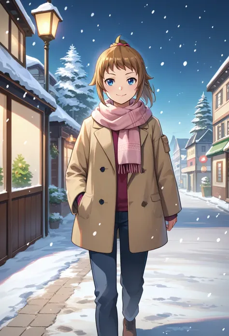 score_9, score_8_up, score_7_up, source_anime, 1girl, gundamhoshino, smile, closed mouth, looking away, walking, ponytail, scrunchie, winter clothes, coat, long sleeves, pants, scarf, snowing, outdoors <lora:gundam_fuminahoshino_ponyXL:1>