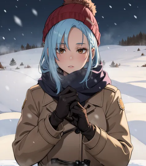 <lora:SC_Coolsan_MSV1:0.9>, skcoolsan,mature female,lightblue hair,brown eyes,winter coat, snow, scarf, winter beanie,winter gloves