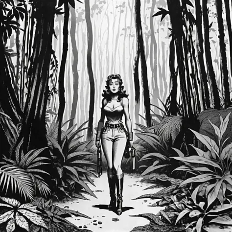 a jungle girl standing in forest <lora:Xenozoic_v4:0.9> xzoiccad grayscale