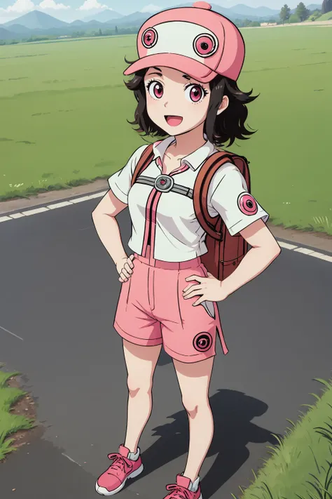 masterpiece,best quality,1girl,pinktrainer, <lora:Pinktrainer:0.65>,standing,facing viewer,hands on hips,full body,short sleeves,shorts,hat,happy,:d,outdoors,in field,black hair,backpack