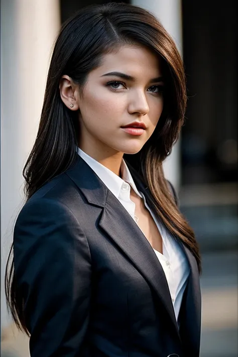 photo of beautiful (Al4ur4l33-135:0.99), serious look, a woman, perfect hair, (modern photo), wearing a (business suit:1.2) and jeans with jewelry, portrait, 85mm, (analog, cinematic, film grain:1.3), (Virtual Education Center, Futuristic facility with VR ...