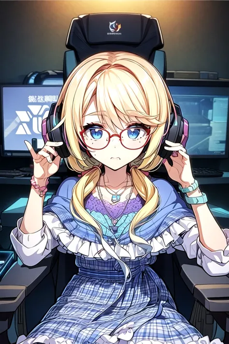 <lora:HarunoSora_V01:0.9>1girl, HarunoSora, blue eyes, (mole under mouth), red-framed eyewear, 
(blonde hair, blue hair:1.2, gradient hair:1.2), (low twintails:1.2), multicolored hair, flower hair ornament, 
(plaid dress:1.2), frills, bracelet, capelet, co...