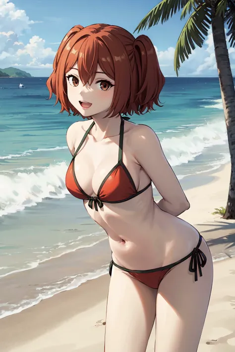 masterpiece,best quality,highres,ultra-detailed,kanne,short hair,two side up,hair between eyes,brown eyes,<lora:kanne:0.7>,beach,:d,arms_behind_back,leaning_forward,(bikini:1.2),looking at viewer,