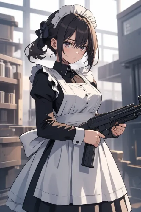 1girl, maid, holding a machine gun, stock yard