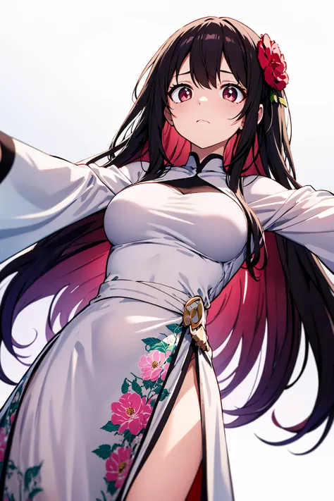 4k wallpaper,
highres,
kawaii,cute,
1 girl, solo,
((bisque hair, ombre,garnet eyes):1.1),
close view,from below,looking at another ,
[weary],
((Wrap dress with floral print ):1.1),
large breasts,
posing,
BREAK
white background,