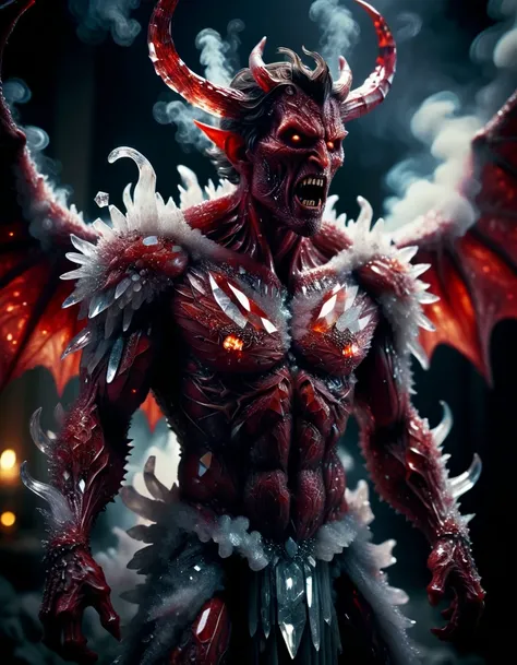 Horror-themed cinematic film still,a horrifying red-skinned male demon king, (full body portrait:1.3), (detailed monstrous evil face:1.4), screaming, wide spread bat like crystalz wings, (detailed scaly skin texture:1.2), long curved horns, (in hell, swirl...