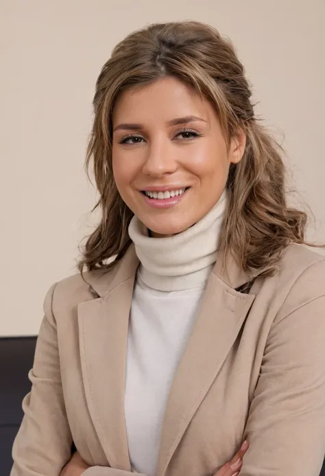 Victoria Tiffani, standing, wearing turtleneck jacket, smiling, portrait photography