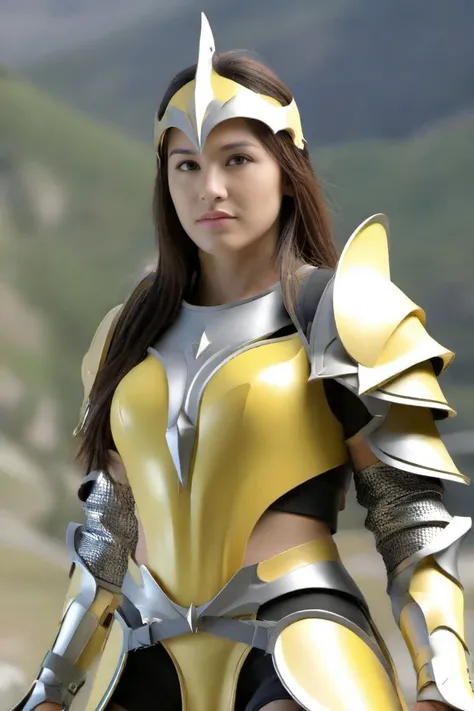 <lora:HXarmour_001XL:0.7>,hxarmour,1girl,(yellow armour:1.1),mountain,Vivacious pose,