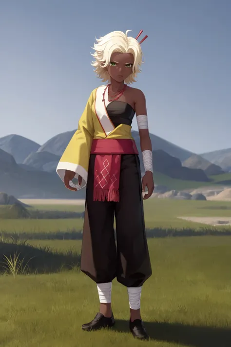 masterpiece, best quality,
1girl, arslanaltan, blonde hair, short hair,  green eyes, dark skin,  baggy pants, bandages, bare shoulders, hair ornament,necklace, sash,
clenched hands, full body, standing, solo, looking at viewer, grass, blue sky, meadow back...