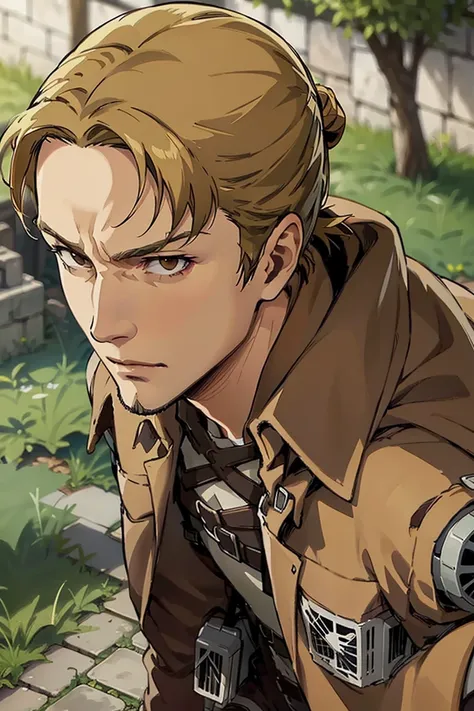 solo male, Eld Gin, Attack on Titan, blond hair, middle parting hair, single small hair bun, brown eyes, sideburns, thin goatee, Scout Regiment uniform, white shirt underneath, brown jacket, white pants, three-dimensional maneuver gear, mature, handsome, c...