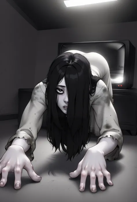 theonryoxl,long black hair,pale skin,hair over one eye,
dirty white dress with sleeves,crawling, all fours, 
dark room,dim lighting,television,
<lora:TheOnryoS:0.8>,