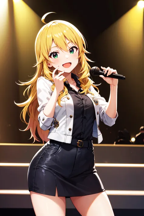 masterpiece, best quality, highres, aamiki, long hair, ahoge, <lora:hoshii_miki_v1:0.7>, shirt, cropped jacket, miniskirt, idol clothes, smile, open mouth, holding microphone, stage, standing, cowboy shot,