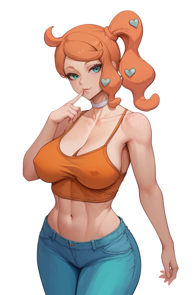 <lora:cutesexyronutts_style_xl:0.9>, score_9,score_8_up,score_7_up,score_6_up, csr style, 1girl, sonia (pokemon), breasts, heart hair ornament, solo, orange hair, cleavage, pants, navel, covered nipples, hair ornament, denim, side ponytail, heart, choker, ...