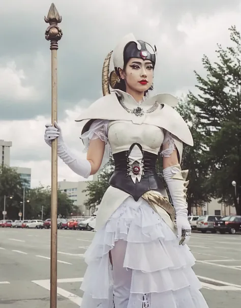 juuzaxl. full body of a beautiful woman with makeup wearing a costume and holding a long staff. retro filter, gloomy, cloudy, plaza background.  <lora:juuzaXL:1>