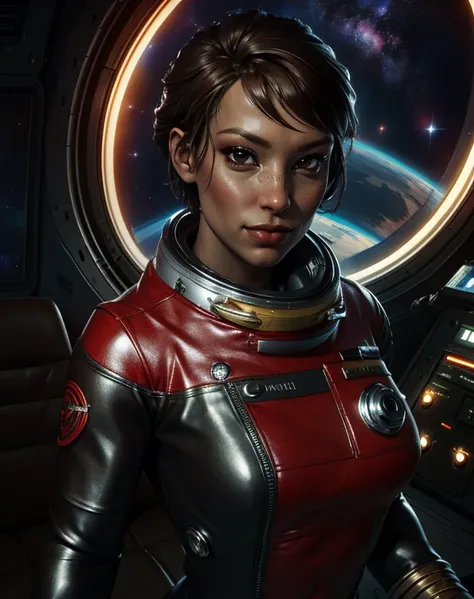 MorgunYu,short brown hair,brown eyes,
standing,upper body,light smile,
skin tight,black and red spacesuit,
space station,dark,lounge area,
(insanely detailed, beautiful detailed face, masterpiece, best quality),<lora:MorgunYu:0.8>,