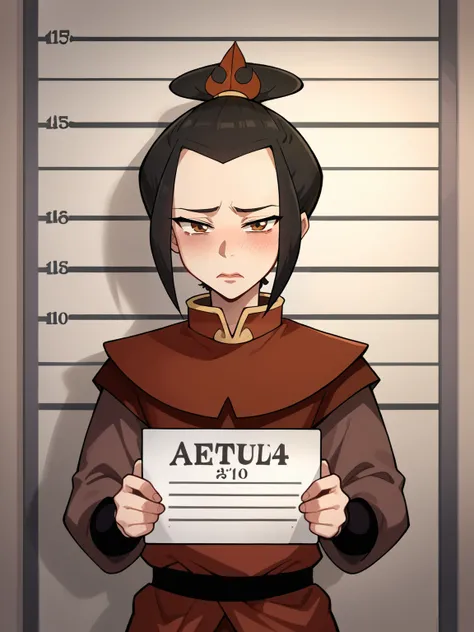 score_9, score_8_up, score_7_up, score_6_up, score_5_up, score_4_up, BREAK, source_cartoon, source_anime, 1girl, azula, black hair, brown eyes, blush, holding sign, mugshot, sad, looking at viewer    <lora:AzulaXL:1>