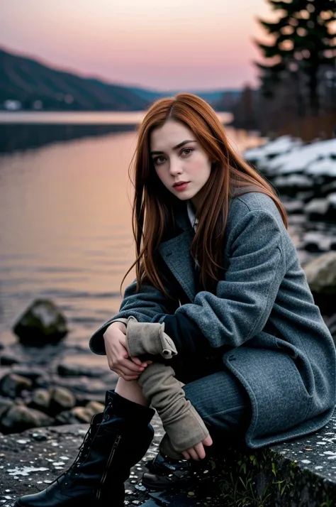 tv_Lucy_Lux_MXAI_V1,  , sad expression, wearing a winter coat, wearing winter pants, wearing winter boots, sitting on a rock by a frozen mountain lake, midnight, moonlight, shot from the side,,   (((relaxed))), "epic-Ultra-HD-details", "epic-Ultra-HD-highl...