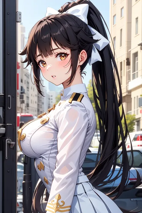 1girl, solo, (masterpiece, best quality), street, outdoors, medium breasts, upper body, looking at viewer, blush, thighis, takao, brown eyes, black hair, bangs, very long hair, ponytail, bow, hair bow, white bow, white uniform, militaty uniform, white glov...