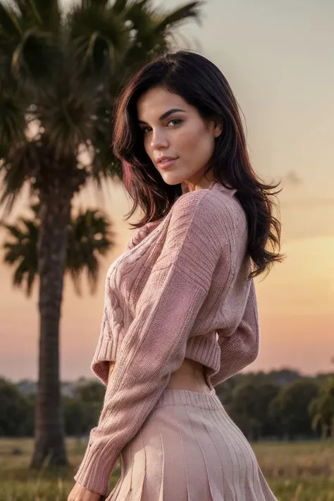 photo of S343_JanaMiartusova,a stunning woman,on a (field),wearing a (pink-sweater:1.1),(snakeskin-skirt),(sunset),(4k, RAW photo, best quality, depth of field, ultra high res:1.1),(absurdres, intricate, photorealistic, masterpiece, ultra-detailed:1.1),