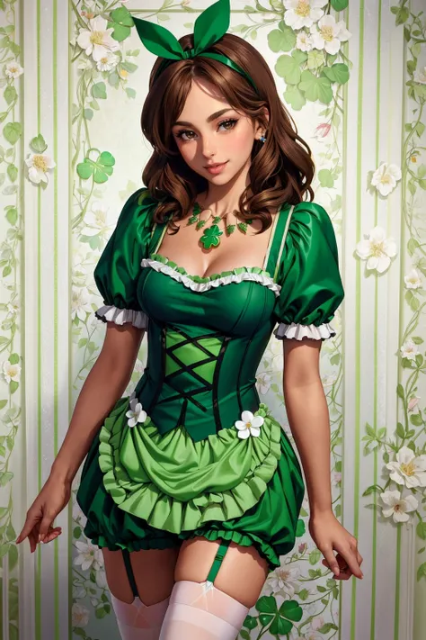 ((masterpiece,best quality,edgQuality)),(smile),1girl,solo,standing,posing,
edgShamrock,green dress, brown hair, thighhighs, brown eyes, jewelry, standing, flower, short sleeves, parted lips, shorts, necklace, white thighhighs, lips, garter straps, realist...