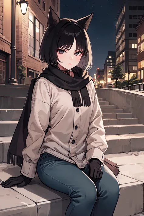 masterpiece, best quality, cowboy shot, looking at viewer, :3, kikyou kiryuu, black hair, short hair, choker, winter clothes, pants, scarf, gloves, sitting on stairs, night, city, <lora:Hoseki_BlueArchive_KikyouKiryuu_v1:0.9>