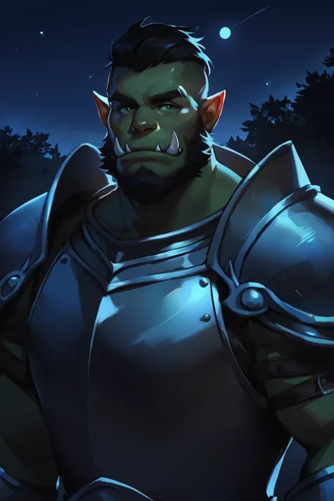 score_9, score_8_up, score_7_up, dark theme, low light, solo, male focus, mature male, orc, green skin, tusks, beard, outdoors, armor, looking at viewer, shoulder armor, breastplate, upper body, closed mouth, pauldrons, night, night sky, standing  <lora:Sm...