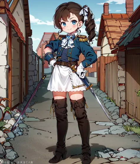 masterpiece, blue eyes, boots, bow, brown footwear, brown hair, brown thighhighs, closed mouth, dress, epaulettes, full body, gloves, hair bow, hand on own hip, high heel boots, high heels, leather, leather boots, looking at viewer, rapier, ringlets, short...