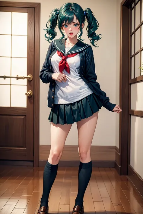 (ultra high res, ultra detailed, high resolution, highly detailed, 4k, 8k),(masterpiece), 1girl, solo, <lora:EPsmSailorNeptune-05:0.7>, EPsmSailorNeptune, green hair, blue eyes, long hair, detailed background,indoors,cardigan,red neckerchief,school uniform...