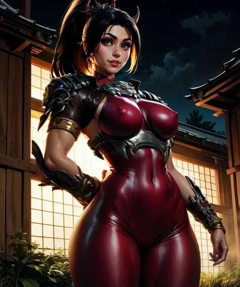 Taki,black hair,brown eyes,ponytail,hair ornament,lips,
red bodysuit,shoulder armor,covered nipples,
standing,looking at viewer,smile,
(insanely detailed,masterpiece, best quality),
edo period,night,forest,<lora:TakiSC6219:0.8>,