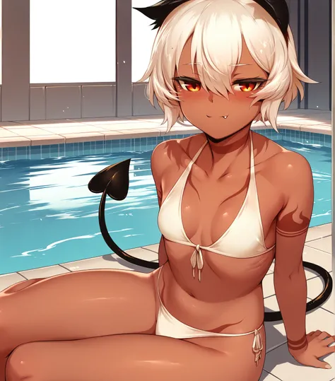 score_9, score_8_up, score_7_up, score_6_up, score_5_up, score_4_up, BREAK, pool,
<lora:strengthmdav2-11:1>, strengthmda, animal ears, white hair, small breasts, sitting, white bikini, demon tail, smug,