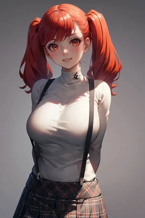 masterpiece, best quality, absurdres, 1girl, solo, red hair, twintails, orange eyes, large breasts, smile, arms behind back, GirlSuspenders, white turtleneck, suspenders, plaid skirt, <lora:CONCEPT-ShuujinAcademySchoolUniform:1>