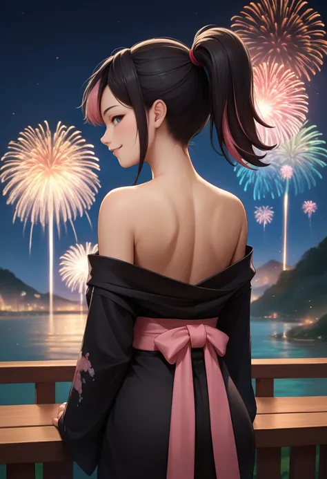 score_9, score_8_up, score_7_up, source_anime, from behind, solo, 1girl, wyldstyle, smile, looking back, multicolored hair, black hair, ponytail, black kimono, off shoulder, pink sash, bare shoulders, fireworks <lora:legomovie_wyldstyle_ponyXL:1>