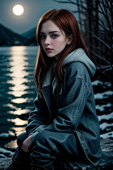 tv_Lucy_Lux_MXAI_V1,  , sad expression, wearing a winter coat, wearing winter pants, wearing winter boots, sitting on a rock by a frozen mountain lake, midnight, moonlight, shot from the side,,   (((relaxed))), "epic-Ultra-HD-details", "epic-Ultra-HD-highl...