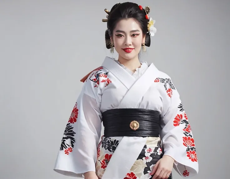 juuzaxl. full body of a happy beautiful woman with makeup wearing a kimono. ultra-hd-photos, ultra-detailed,.  <lora:juuzaXL:0.9>