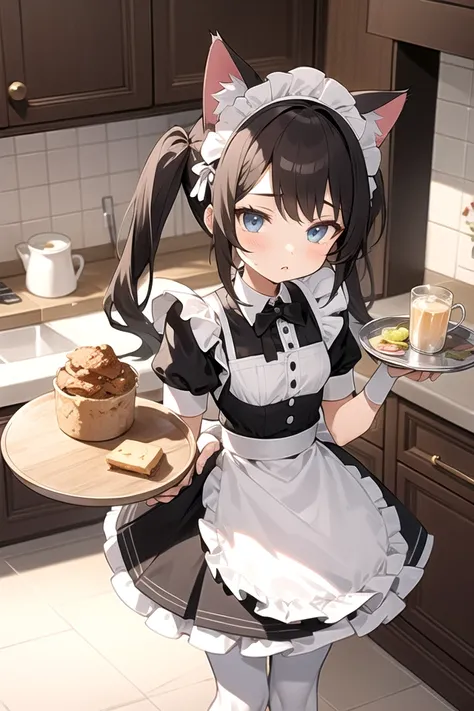 1girl, twintails, cat ears, maid, maid headdress, holding tray, white pantyhose, indoors, kitchen