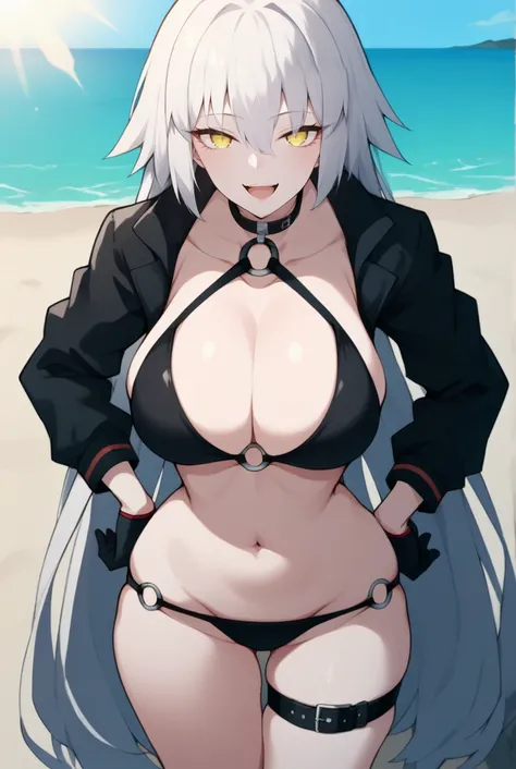 score_9, score_8_up, score_7_up, source_anime BREAK 1girl, solo, looking at viewer, cowboy shot,<lora:Jeanne_Darc_Alter_Sdxl:0.8>, Jeanne_Swimsuit, white hair, very long hair, sidelocks, yellow eyes, black bikini, o-ring bikini, o-ring bottom, choker, blac...